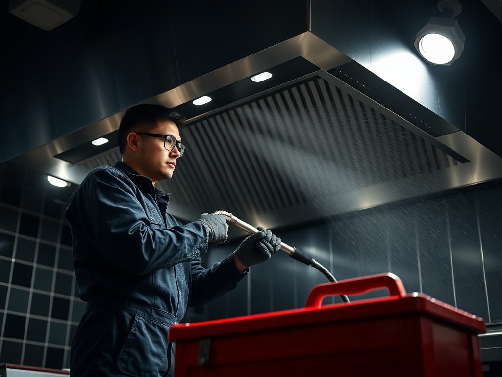 Technician in PPE pressure-washing a stainless steel commercial kitchen exhaust hood
